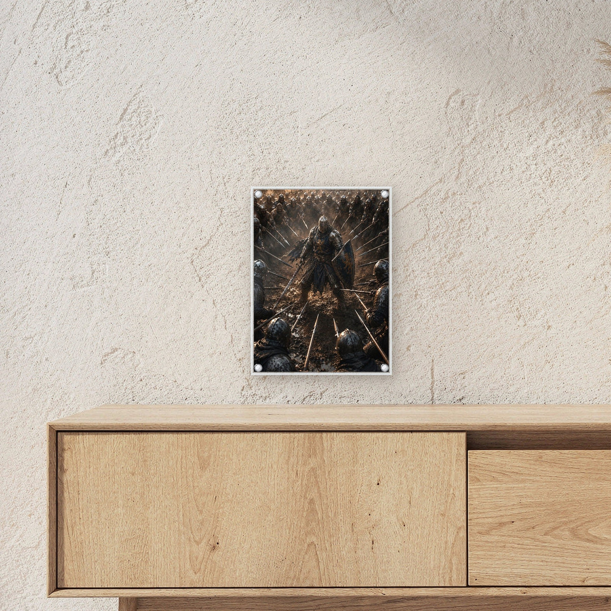 Dark-Fantasy Acrylglasbild auf Acrylglas mit Edelstahl-Abstandshaltern ueber einem Sideboard, zeigt die Groesse im Raum