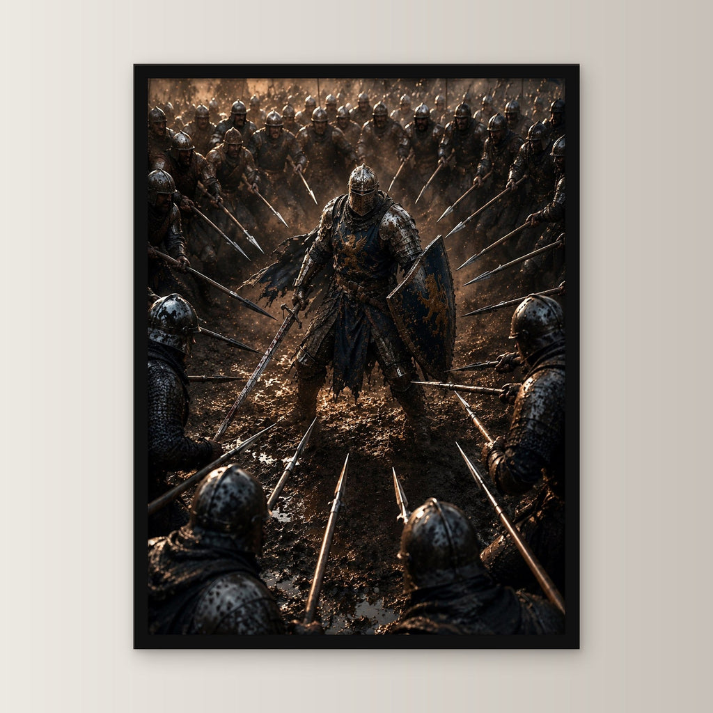 Dark-Fantasy Poster gerahmt im schwarzen Holzrahmen, gerade von vorn an heller Wand
