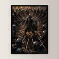 Dark-Fantasy Poster gerahmt im schwarzen Holzrahmen, gerade von vorn an heller Wand