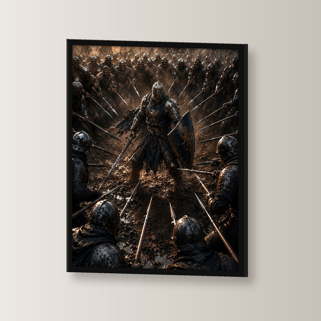 Dark-Fantasy Poster gerahmt im schwarzen Holzrahmen, leicht gedreht an der Wand fotografiert