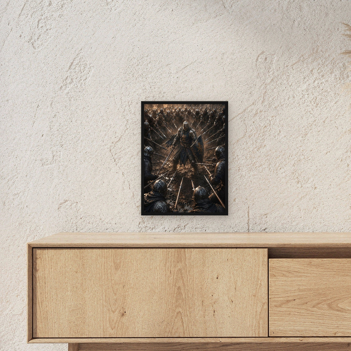Dark-Fantasy Poster gerahmt im schwarzen Holzrahmen ueber einem Sideboard, zeigt die Groesse im Raum