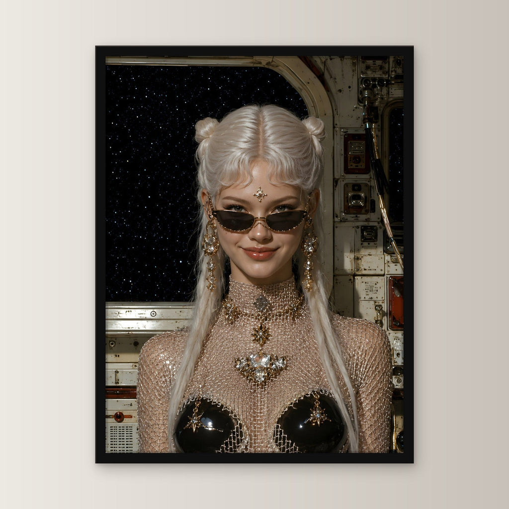 Fantasy Poster gerahmt im schwarzen Holzrahmen, gerade von vorn an heller Wand