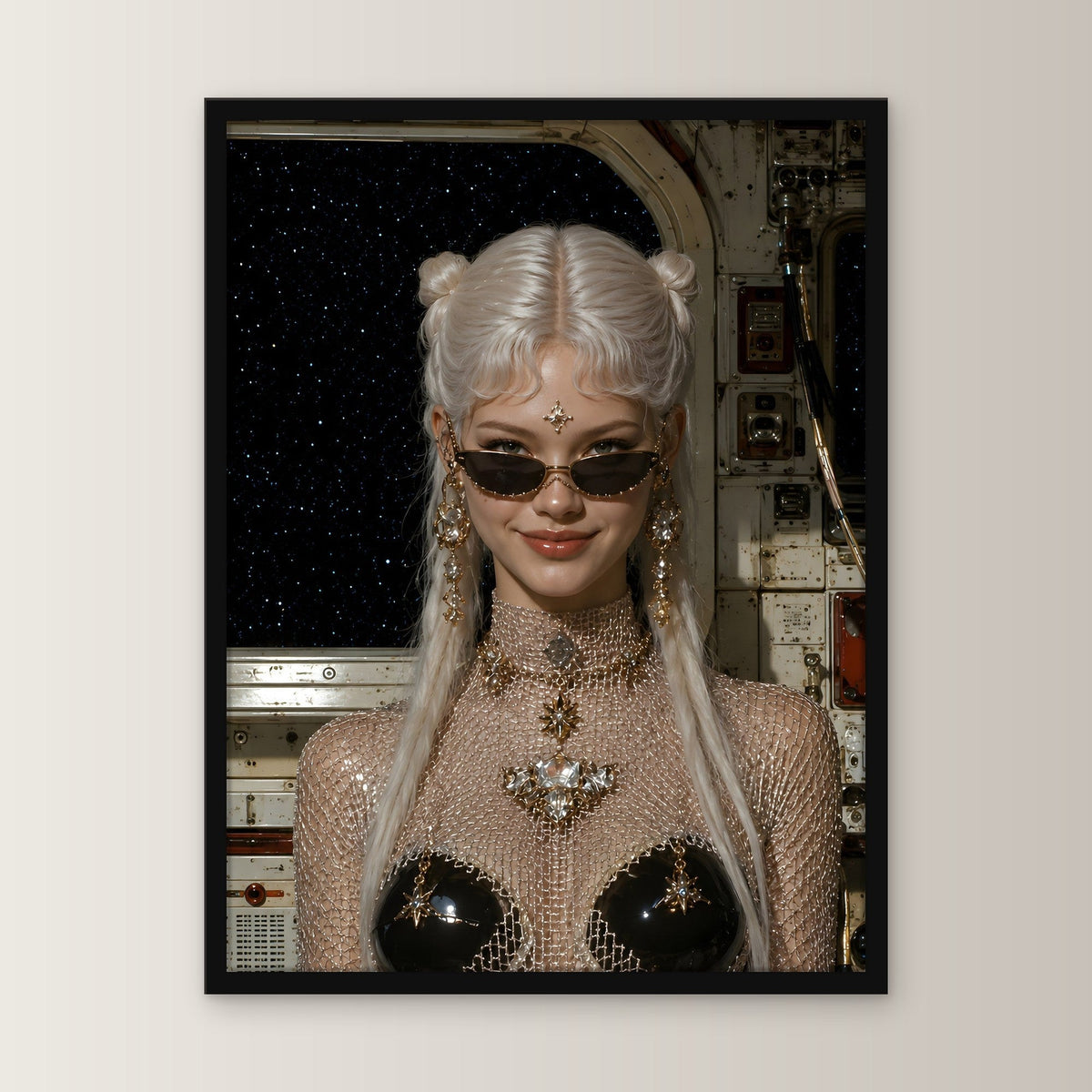 Fantasy Poster gerahmt im schwarzen Holzrahmen, gerade von vorn an heller Wand