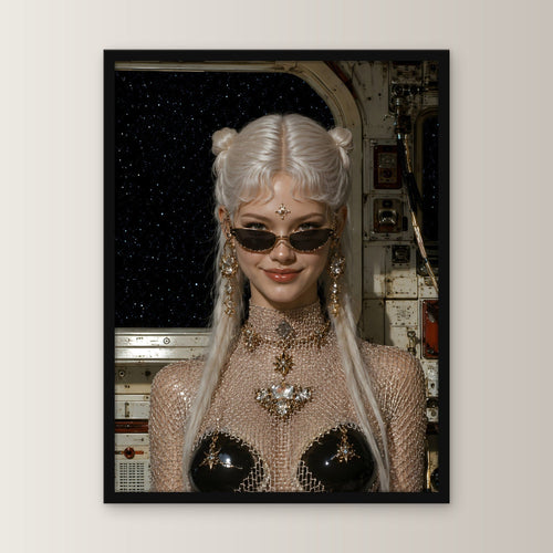 Fantasy Poster gerahmt im schwarzen Holzrahmen, gerade von vorn an heller Wand