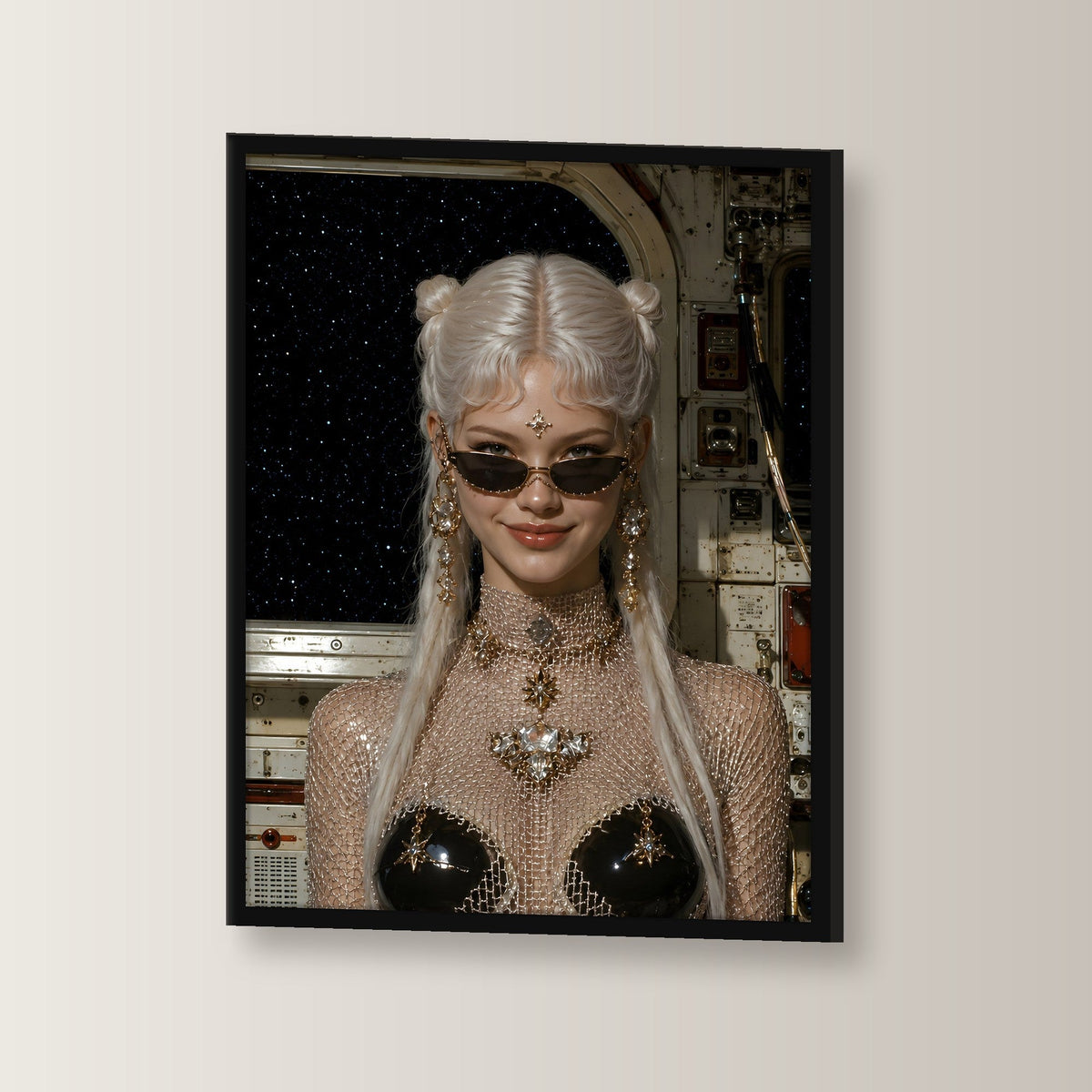 Fantasy Poster gerahmt im schwarzen Holzrahmen, leicht gedreht an der Wand fotografiert