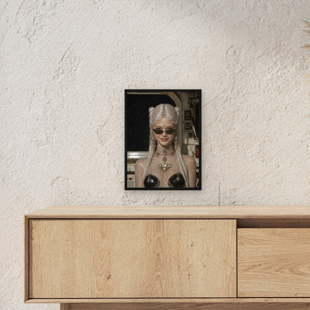 Fantasy Poster gerahmt im schwarzen Holzrahmen ueber einem Sideboard, zeigt die Groesse im Raum