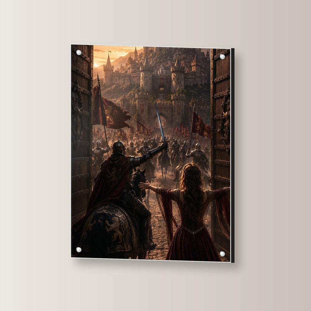 Dark-Fantasy Acrylglasbild auf Acrylglas mit Edelstahl-Abstandshaltern, leicht gedreht an der Wand fotografiert