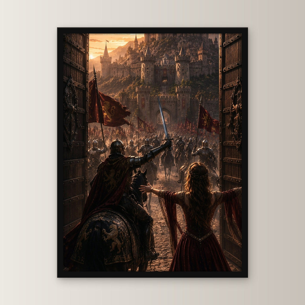 Dark-Fantasy Poster gerahmt im schwarzen Holzrahmen, gerade von vorn an heller Wand