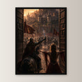 Dark-Fantasy Poster gerahmt im schwarzen Holzrahmen, gerade von vorn an heller Wand