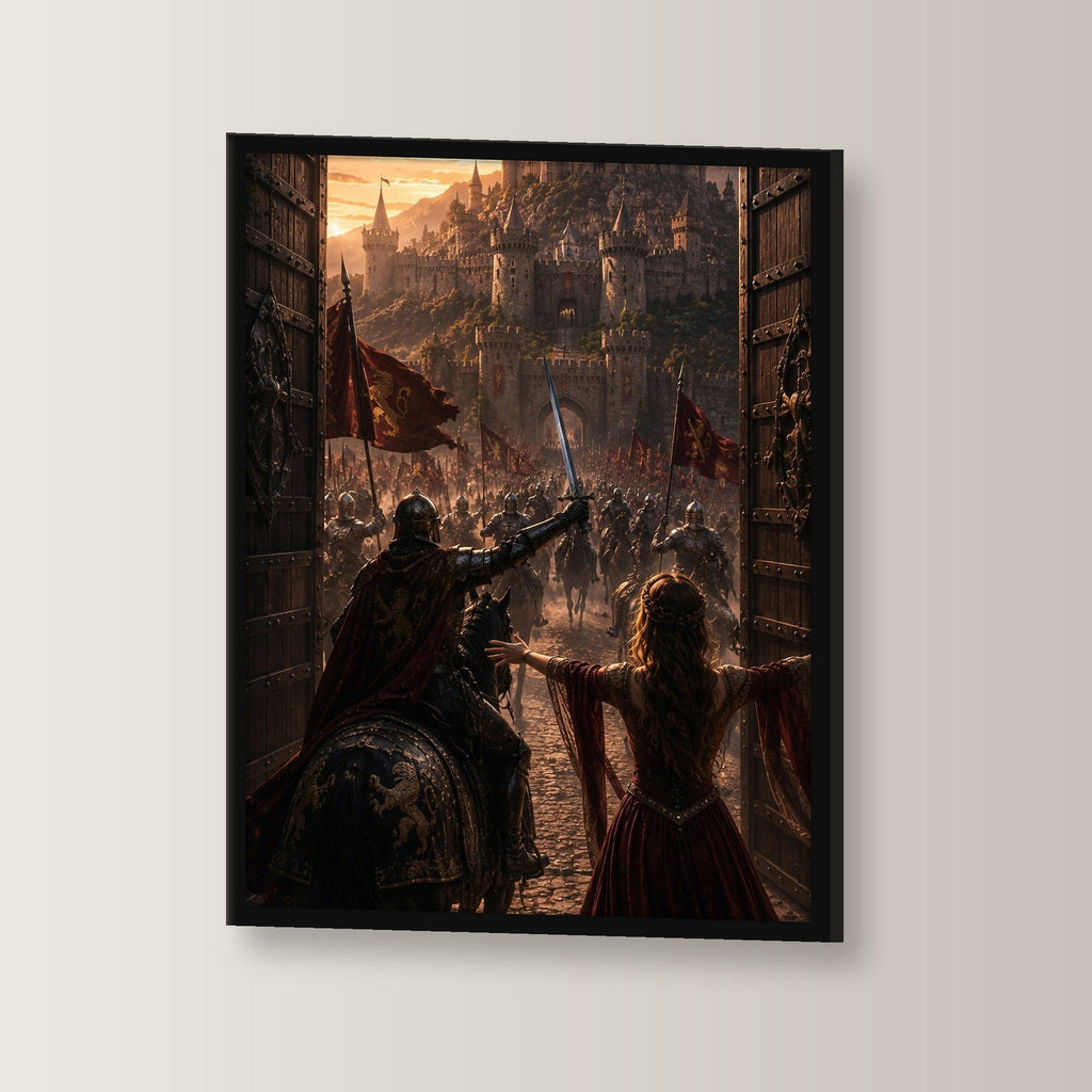 Dark-Fantasy Poster gerahmt im schwarzen Holzrahmen, leicht gedreht an der Wand fotografiert