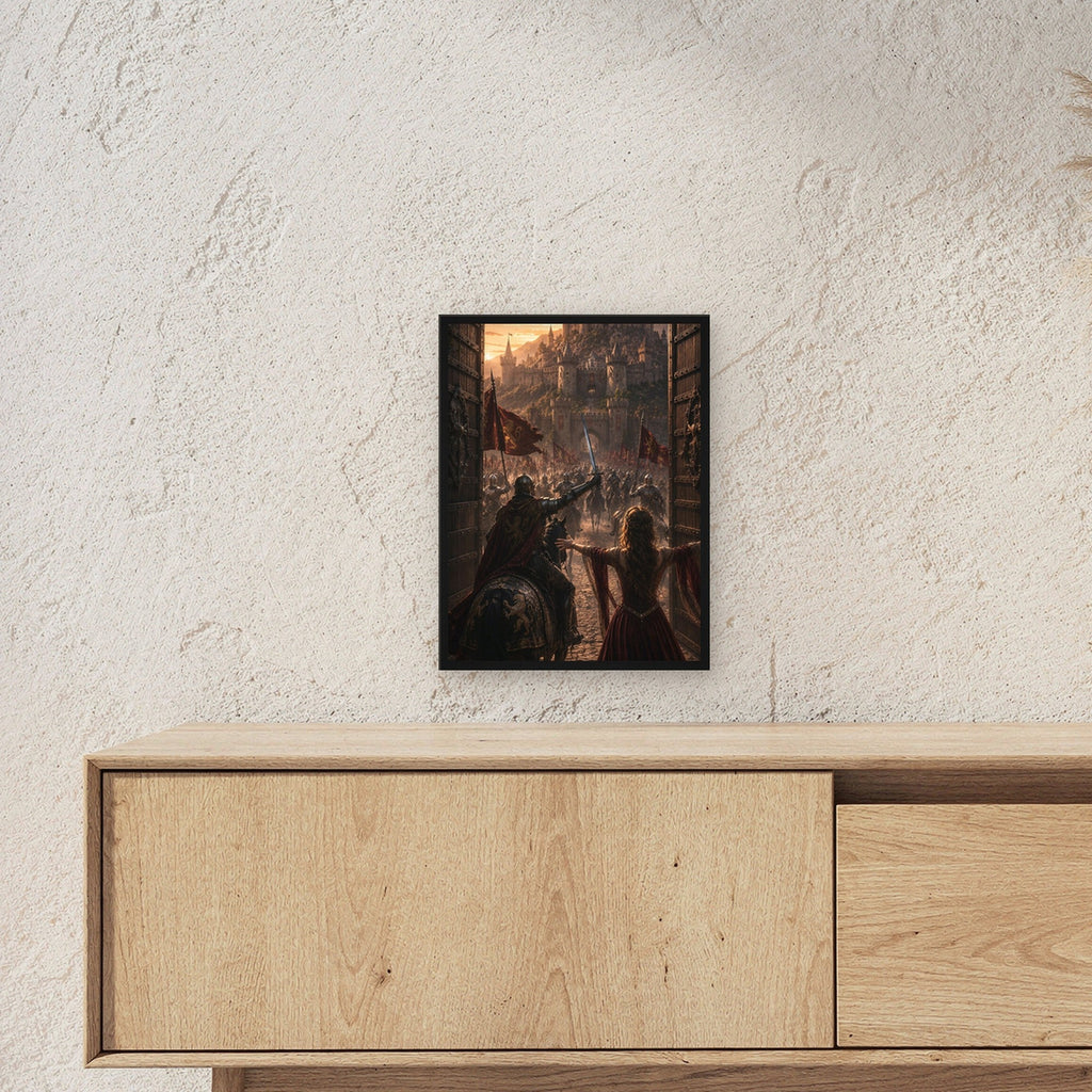 Dark-Fantasy Poster gerahmt im schwarzen Holzrahmen ueber einem Sideboard, zeigt die Groesse im Raum