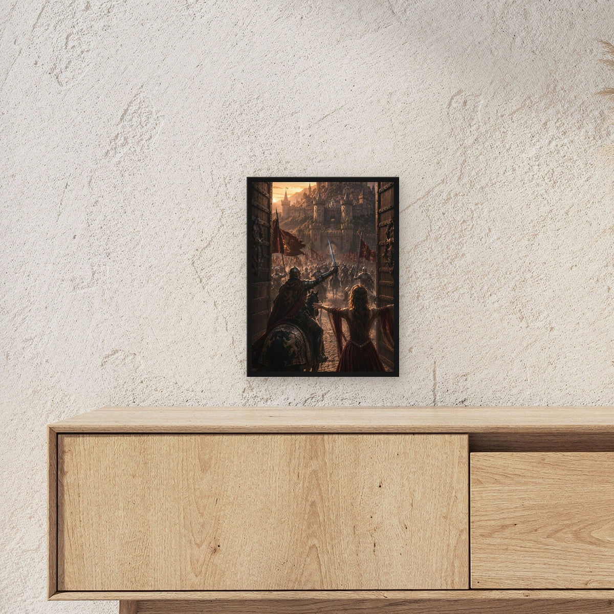 Dark-Fantasy Poster gerahmt im schwarzen Holzrahmen ueber einem Sideboard, zeigt die Groesse im Raum