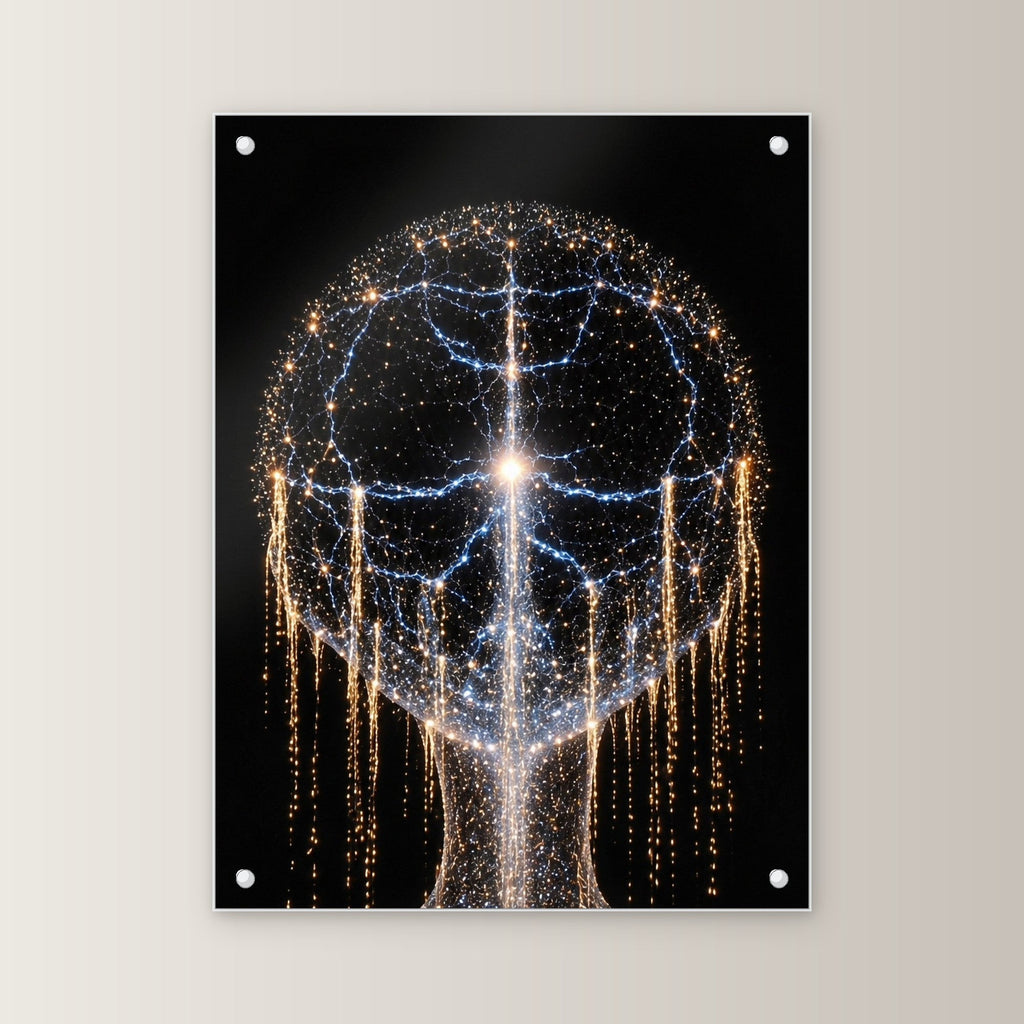 Kosmos Acrylglasbild auf Acrylglas mit Edelstahl-Abstandshaltern, gerade von vorn an heller Wand