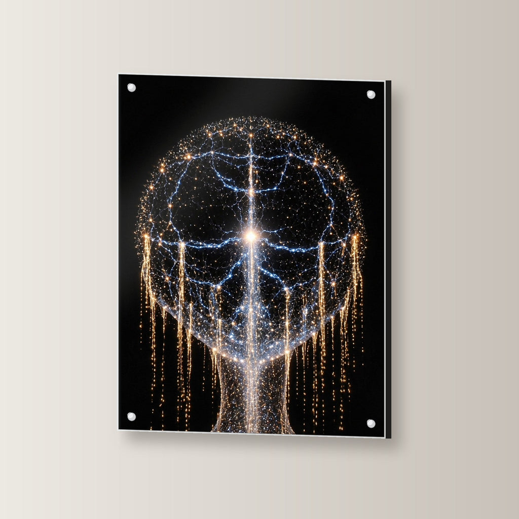Kosmos Acrylglasbild auf Acrylglas mit Edelstahl-Abstandshaltern, leicht gedreht an der Wand fotografiert