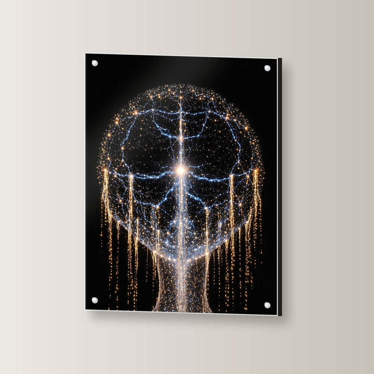 Kosmos Acrylglasbild auf Acrylglas mit Edelstahl-Abstandshaltern, leicht gedreht an der Wand fotografiert