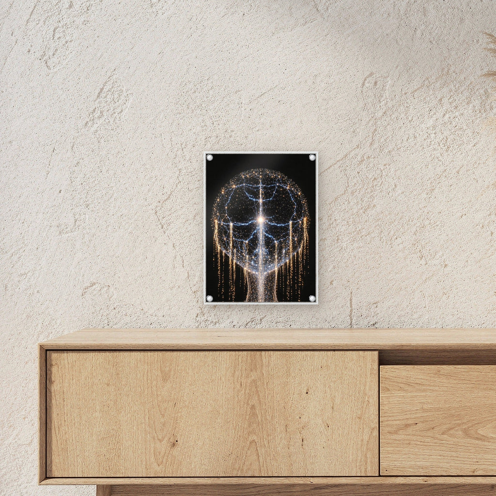 Kosmos Acrylglasbild auf Acrylglas mit Edelstahl-Abstandshaltern ueber einem Sideboard, zeigt die Groesse im Raum