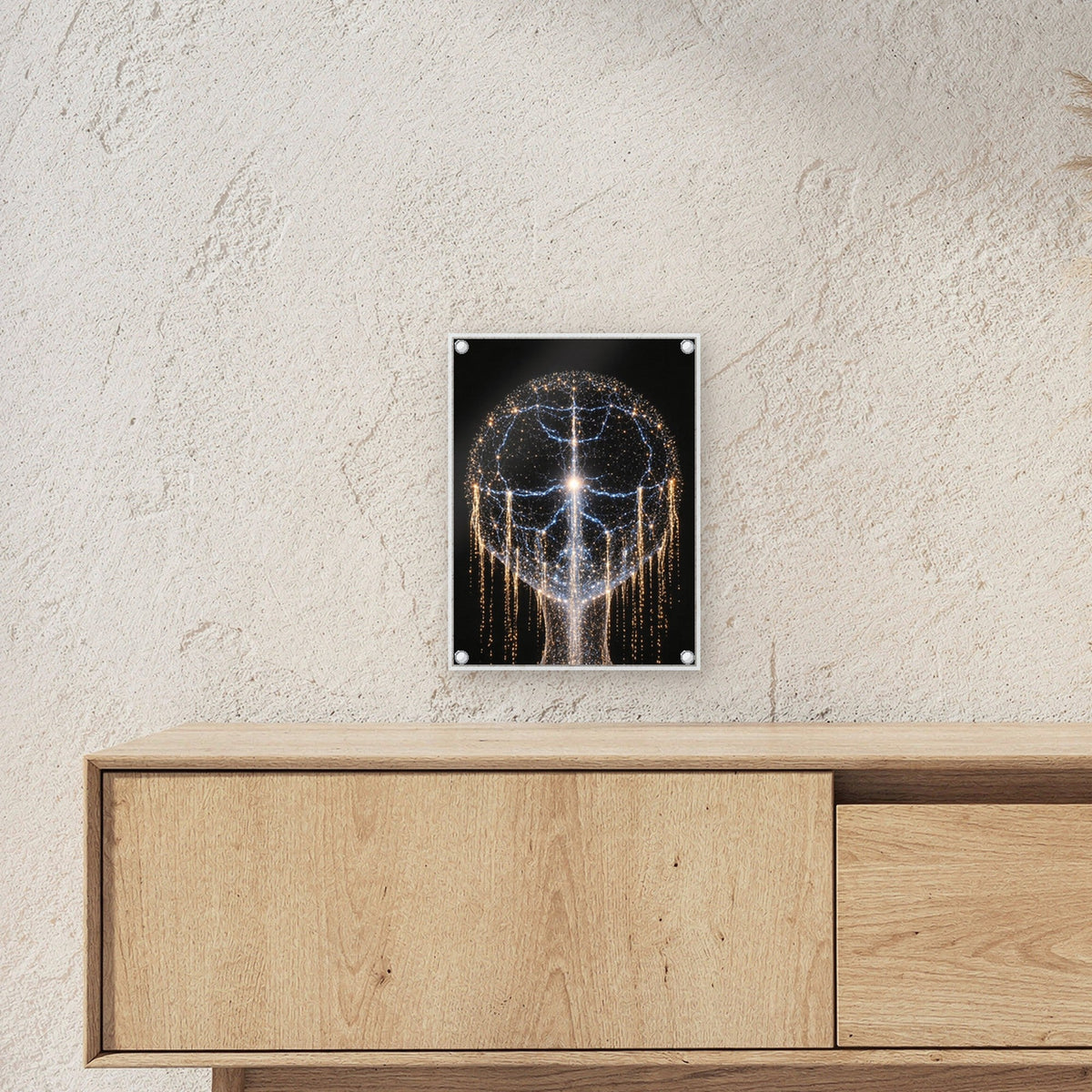 Kosmos Acrylglasbild auf Acrylglas mit Edelstahl-Abstandshaltern ueber einem Sideboard, zeigt die Groesse im Raum