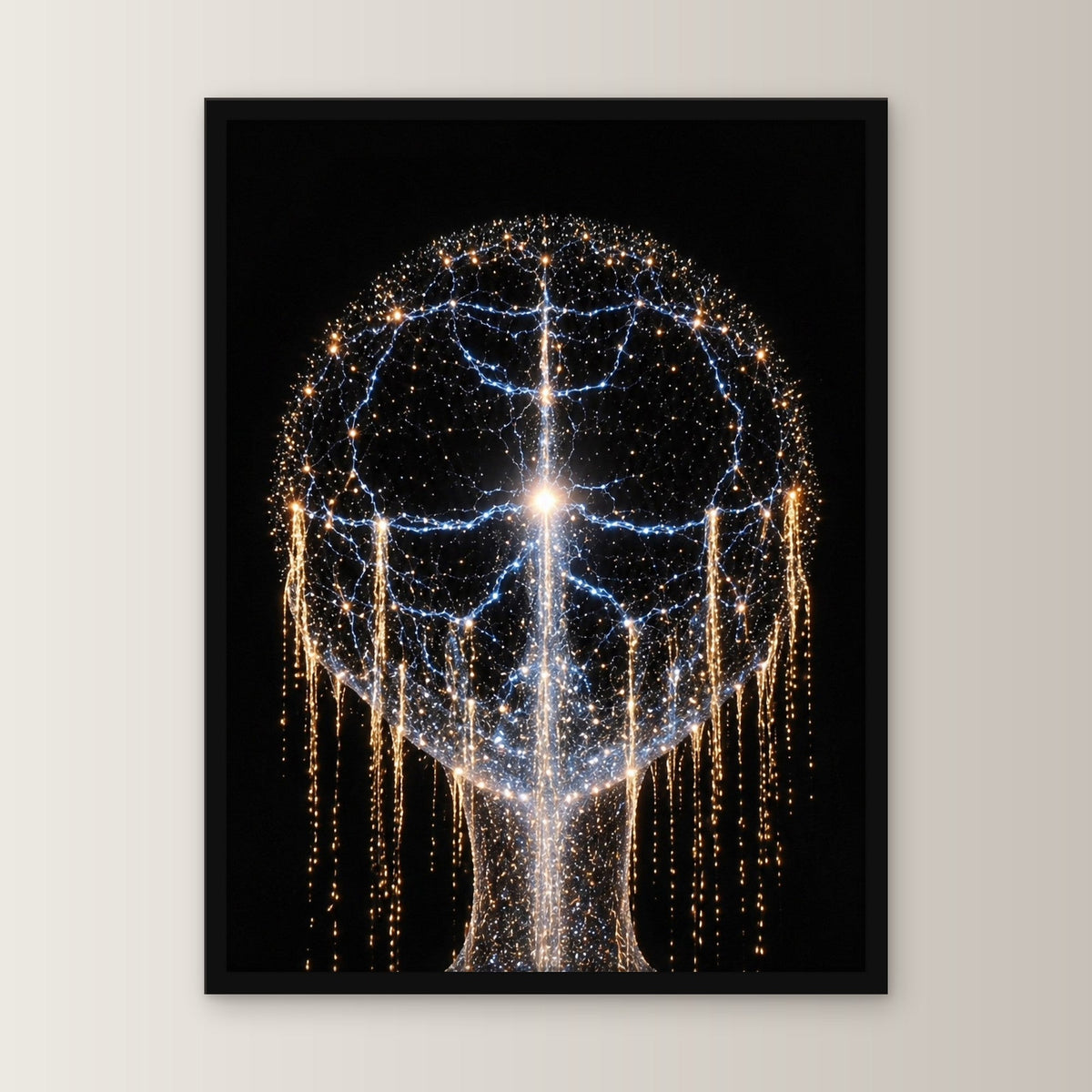Kosmos Poster gerahmt im schwarzen Holzrahmen, gerade von vorn an heller Wand