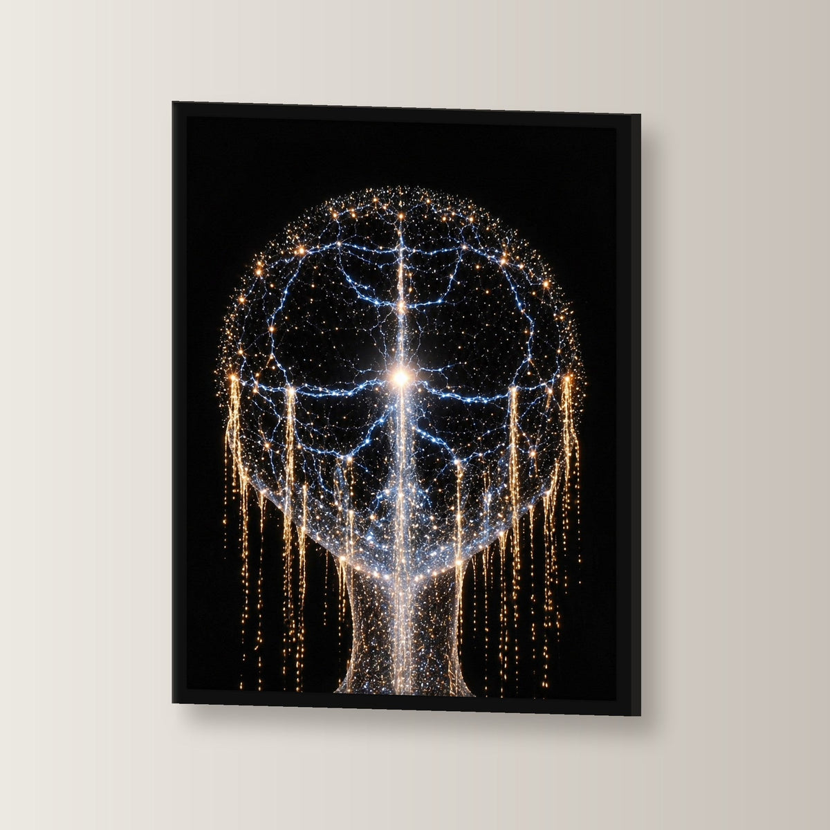 Kosmos Poster gerahmt im schwarzen Holzrahmen, leicht gedreht an der Wand fotografiert