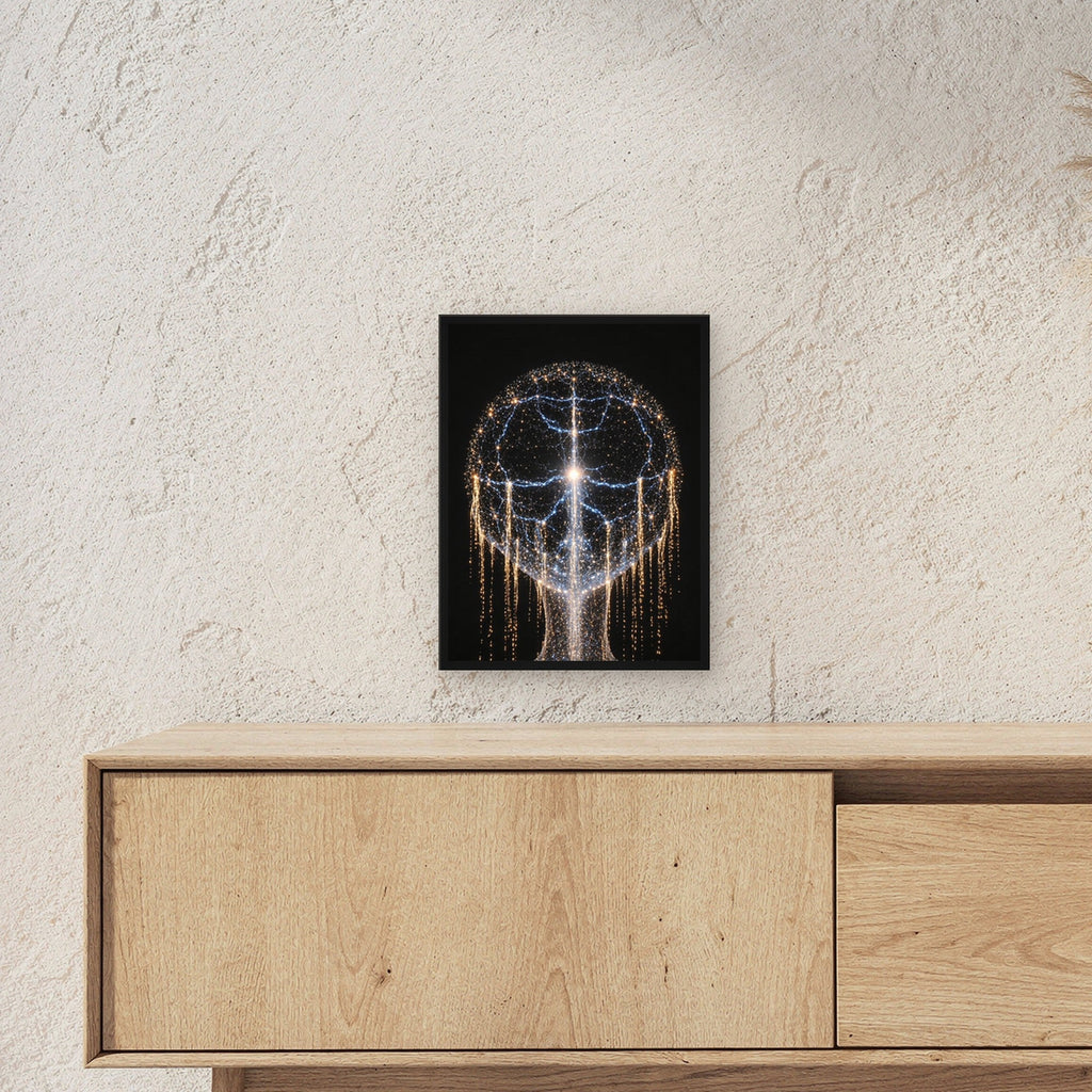 Kosmos Poster gerahmt im schwarzen Holzrahmen ueber einem Sideboard, zeigt die Groesse im Raum