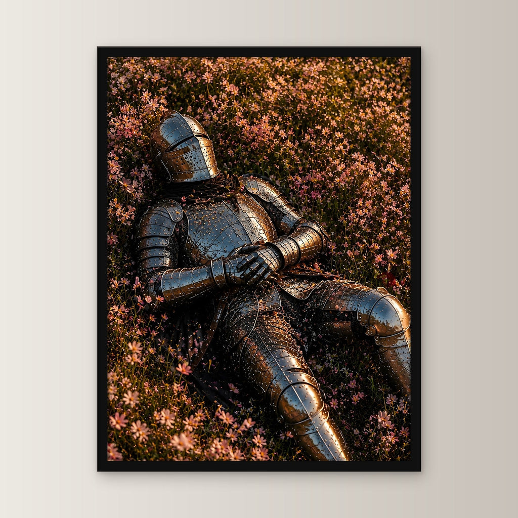 Dark-Fantasy Poster gerahmt im schwarzen Holzrahmen, gerade von vorn an heller Wand
