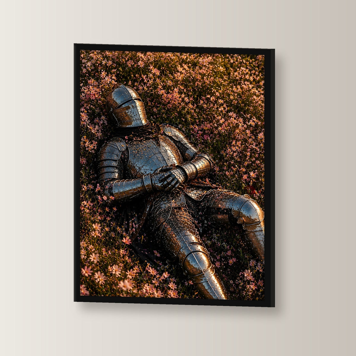 Dark-Fantasy Poster gerahmt im schwarzen Holzrahmen, leicht gedreht an der Wand fotografiert