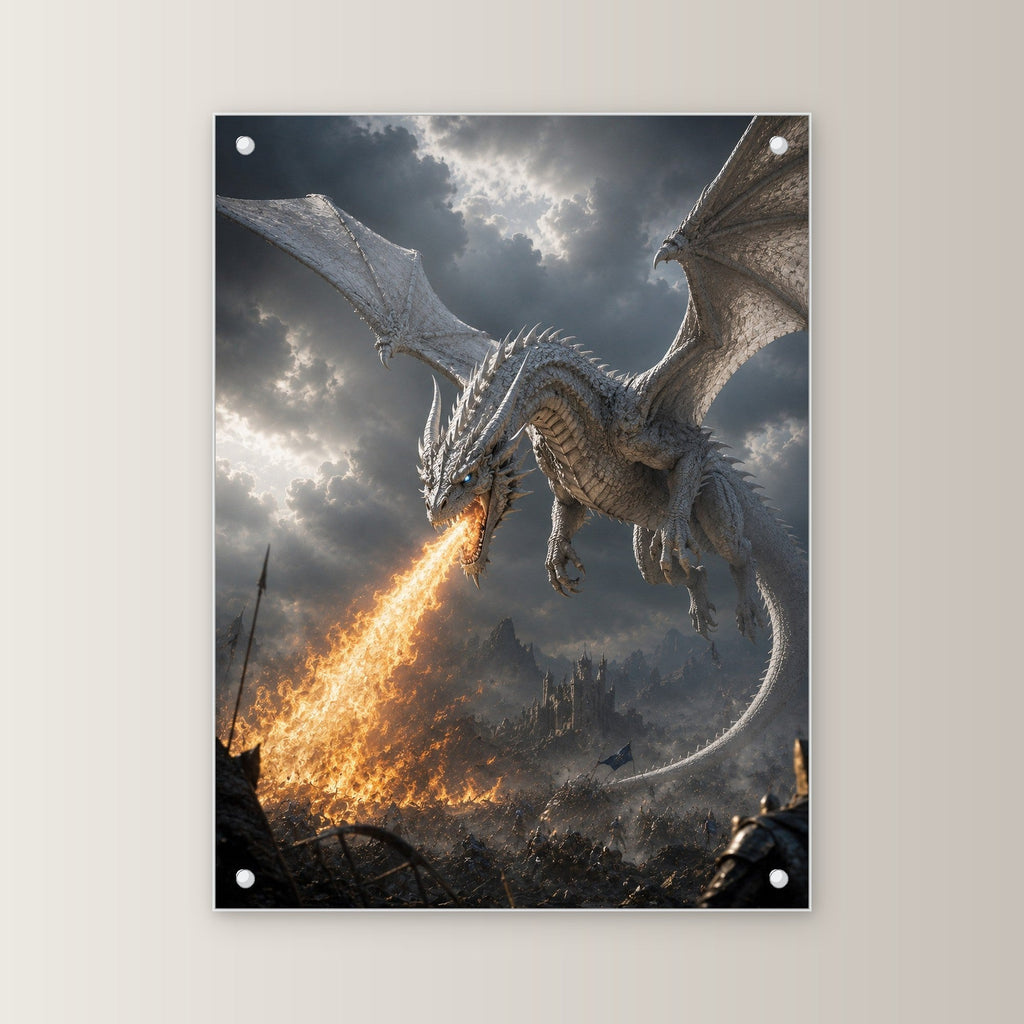 Dark Fantasy Wandbild Acrylglas | Drache Deko auf Acrylglas mit Edelstahl-Abstandshaltern, gerade von vorn an heller Wand