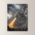 Dark Fantasy Wandbild Acrylglas | Drache Deko auf Acrylglas mit Edelstahl-Abstandshaltern, gerade von vorn an heller Wand