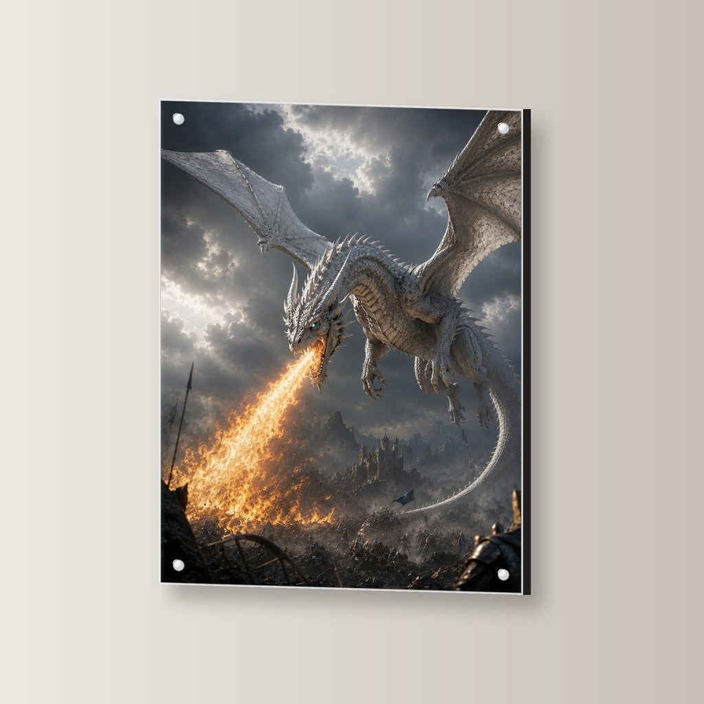 Dark Fantasy Wandbild Acrylglas | Drache Deko auf Acrylglas mit Edelstahl-Abstandshaltern, leicht gedreht an der Wand fotografiert