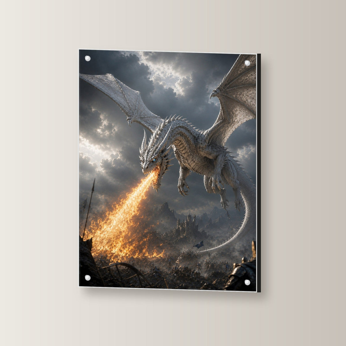 Dark Fantasy Wandbild Acrylglas | Drache Deko auf Acrylglas mit Edelstahl-Abstandshaltern, leicht gedreht an der Wand fotografiert