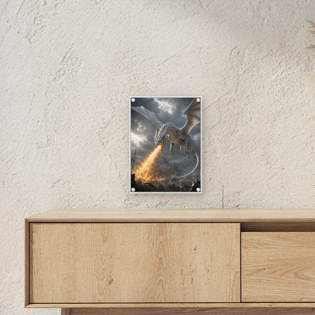 Dark Fantasy Wandbild Acrylglas | Drache Deko auf Acrylglas mit Edelstahl-Abstandshaltern ueber einem Sideboard, zeigt die Groesse im Raum