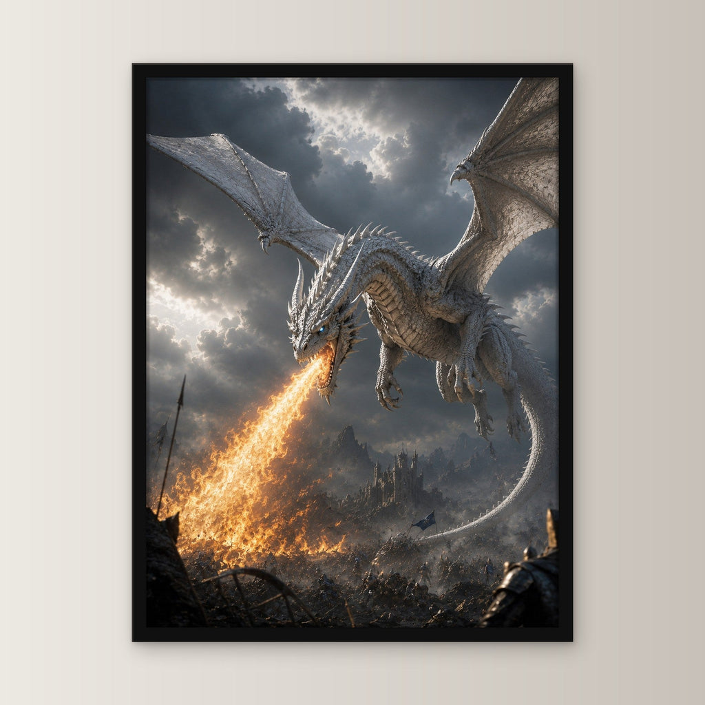 Dark Fantasy Wandbild gerahmt | Drache Poster im schwarzen Holzrahmen, gerade von vorn an heller Wand