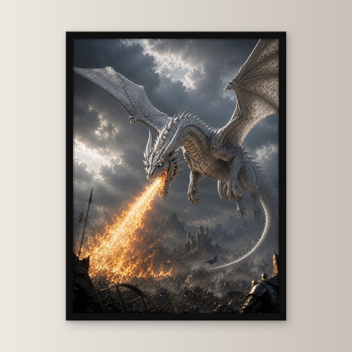 Dark Fantasy Wandbild gerahmt | Drache Poster im schwarzen Holzrahmen, gerade von vorn an heller Wand