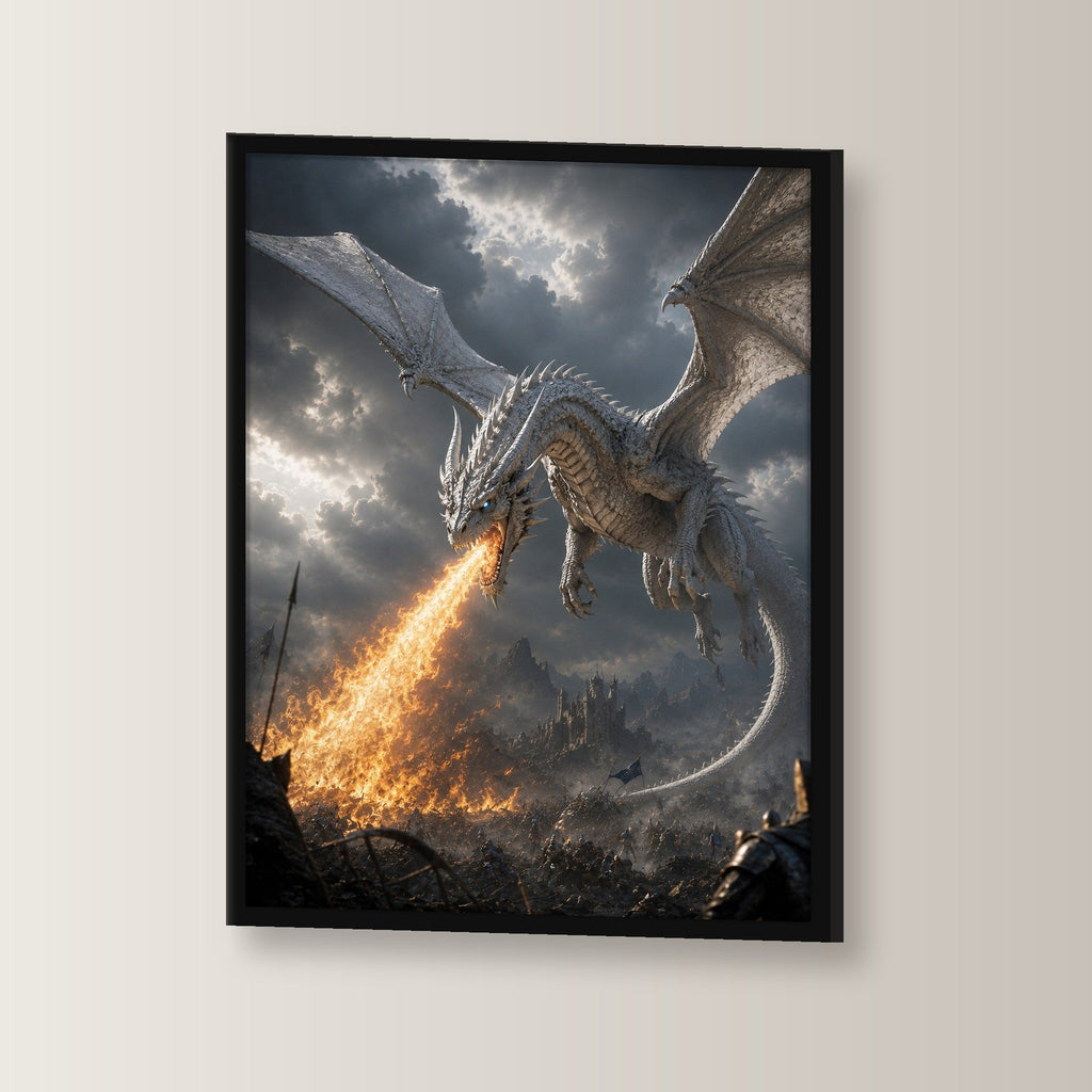 Dark Fantasy Wandbild gerahmt | Drache Poster im schwarzen Holzrahmen, leicht gedreht an der Wand fotografiert