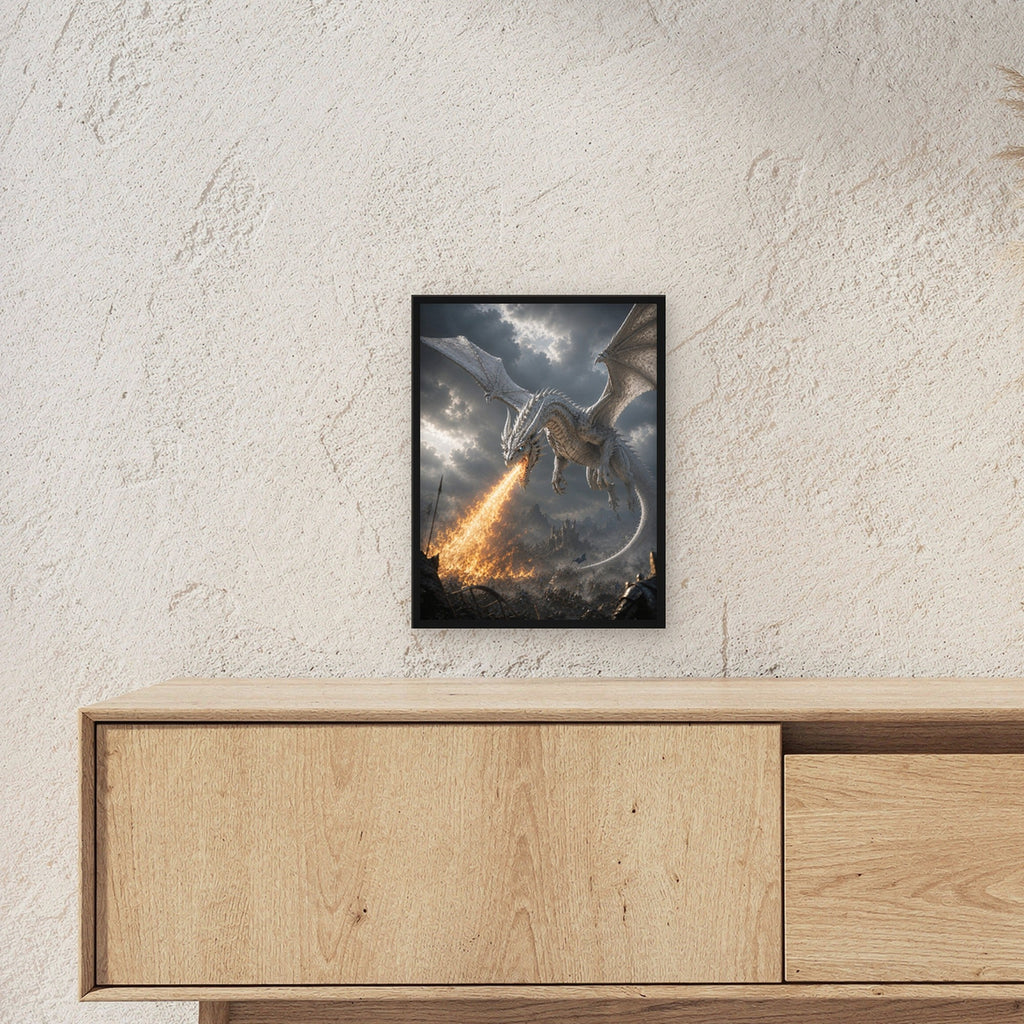 Dark Fantasy Wandbild gerahmt | Drache Poster im schwarzen Holzrahmen ueber einem Sideboard, zeigt die Groesse im Raum