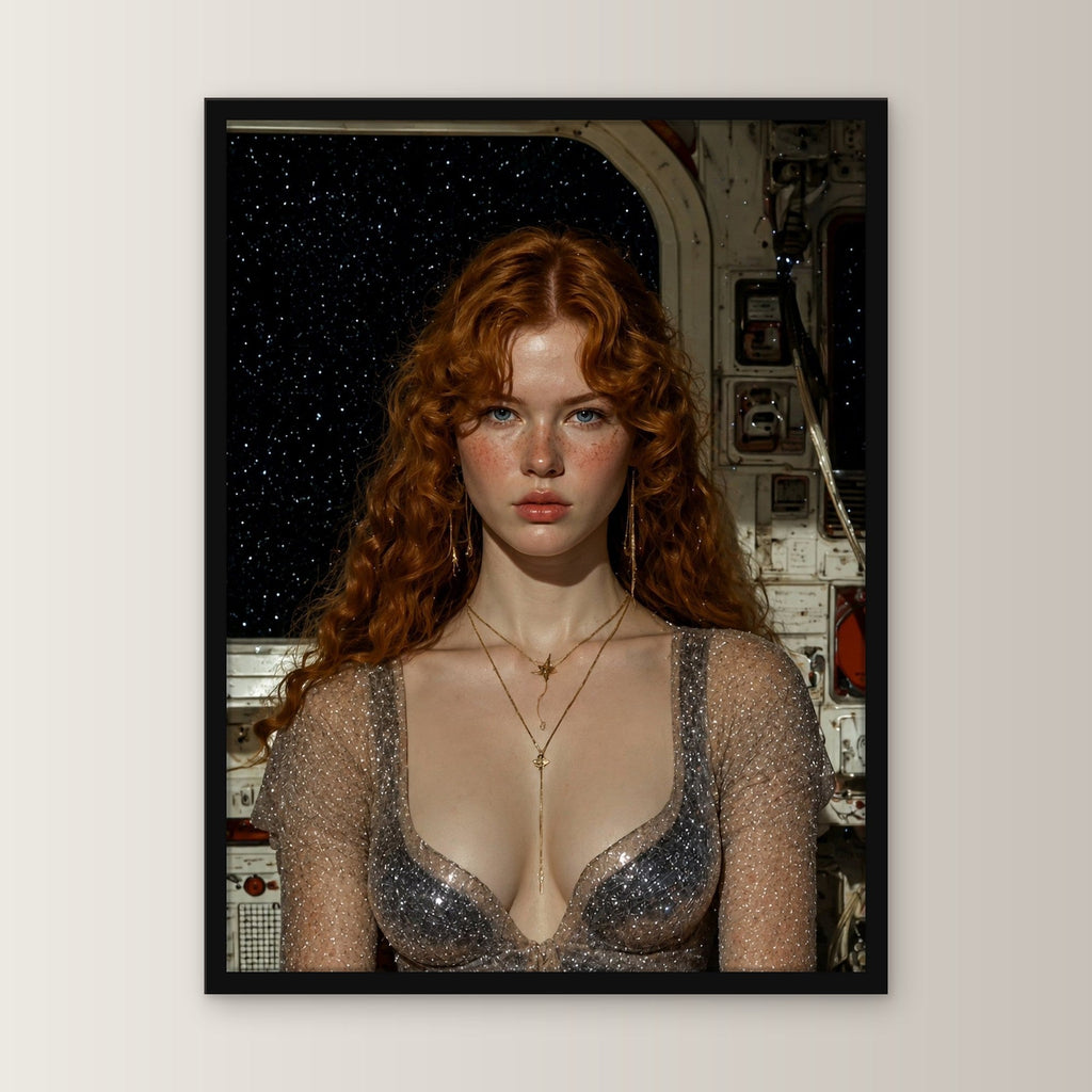 Fantasy Poster gerahmt im schwarzen Holzrahmen, gerade von vorn an heller Wand