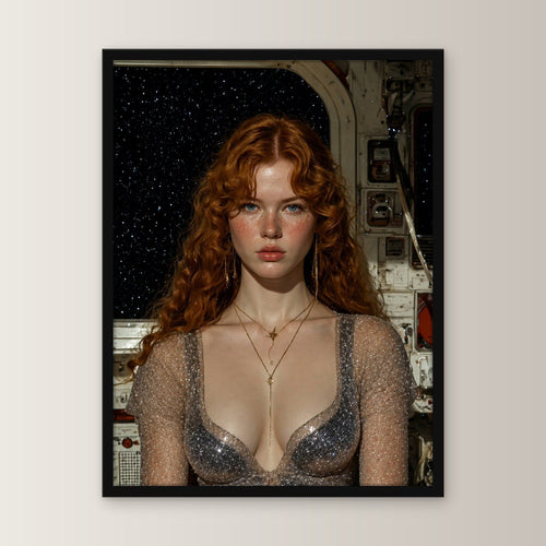Fantasy Poster gerahmt im schwarzen Holzrahmen, gerade von vorn an heller Wand