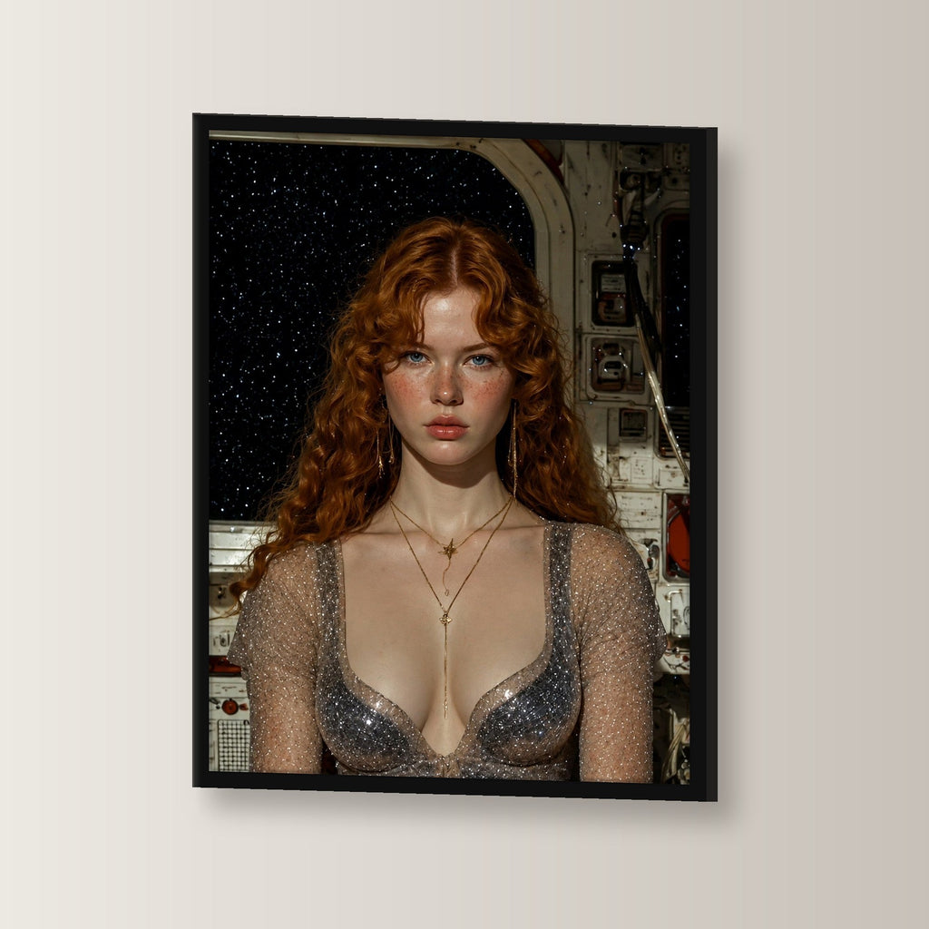 Fantasy Poster gerahmt im schwarzen Holzrahmen, leicht gedreht an der Wand fotografiert