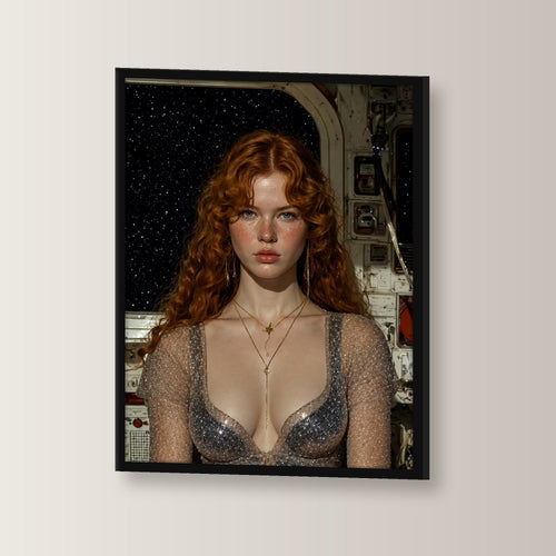 Fantasy Poster gerahmt im schwarzen Holzrahmen, leicht gedreht an der Wand fotografiert