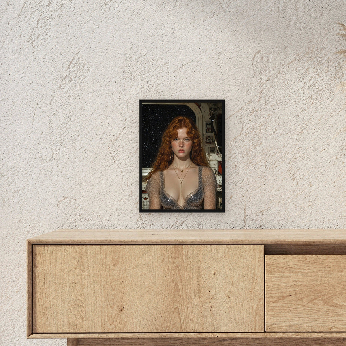 Fantasy Poster gerahmt im schwarzen Holzrahmen ueber einem Sideboard, zeigt die Groesse im Raum