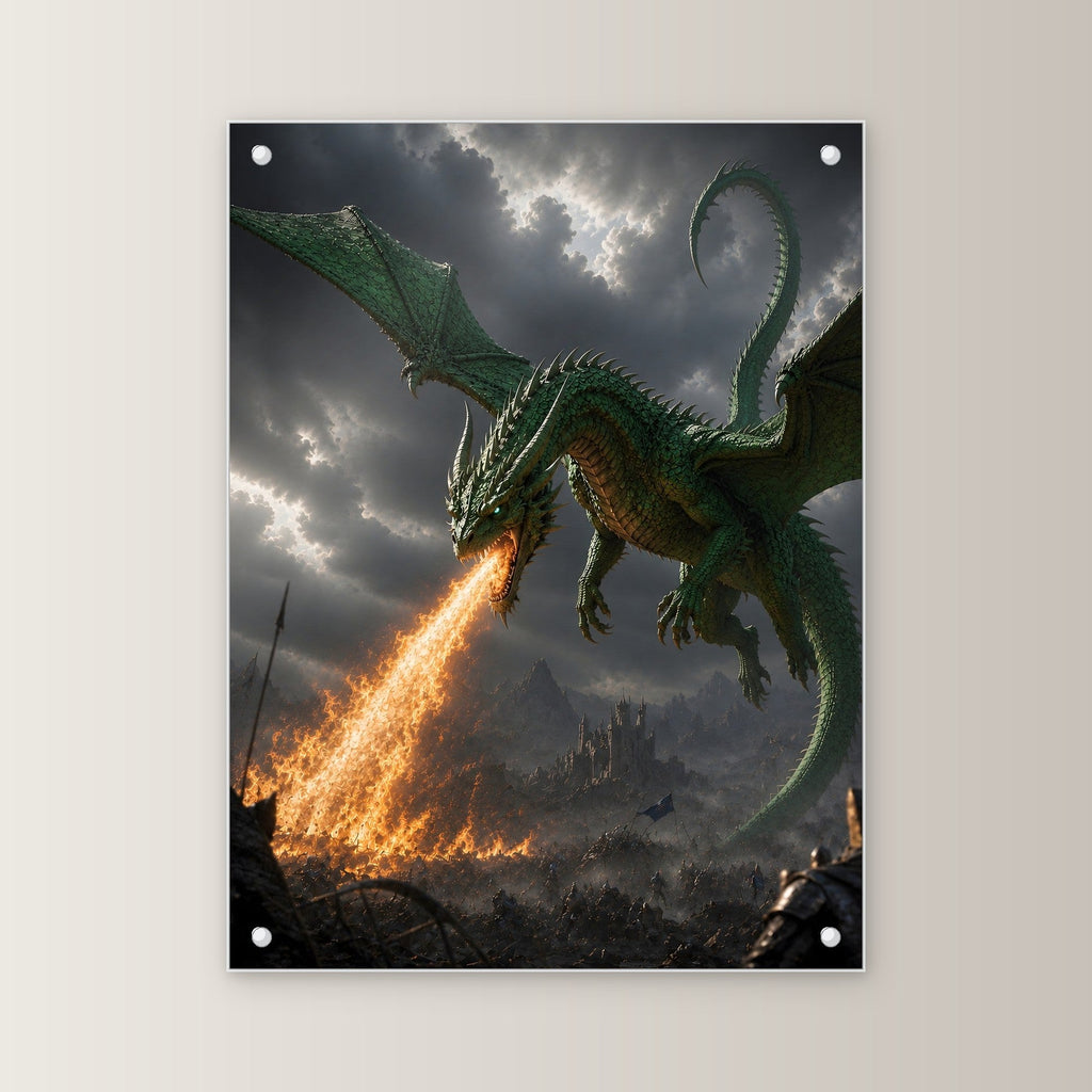 Grüner Drache über brennendem Tal, Dark Fantasy Acrylglasbild auf Acrylglas mit Edelstahl-Abstandshaltern, gerade von vorn an heller Wand