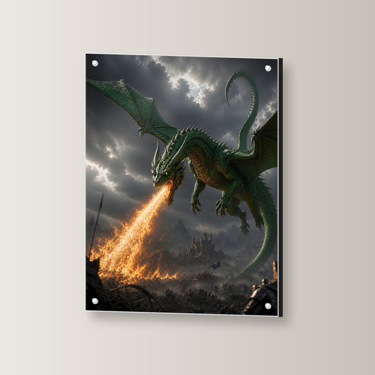 Grüner Drache über brennendem Tal, Dark Fantasy Acrylglasbild auf Acrylglas mit Edelstahl-Abstandshaltern, leicht gedreht an der Wand fotografiert