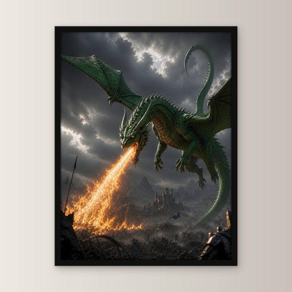 Grüner Drache über brennendem Tal, Fantasy Wandbild gerahmt im schwarzen Holzrahmen, gerade von vorn an heller Wand