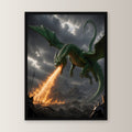 Grüner Drache über brennendem Tal, Fantasy Wandbild gerahmt im schwarzen Holzrahmen, gerade von vorn an heller Wand