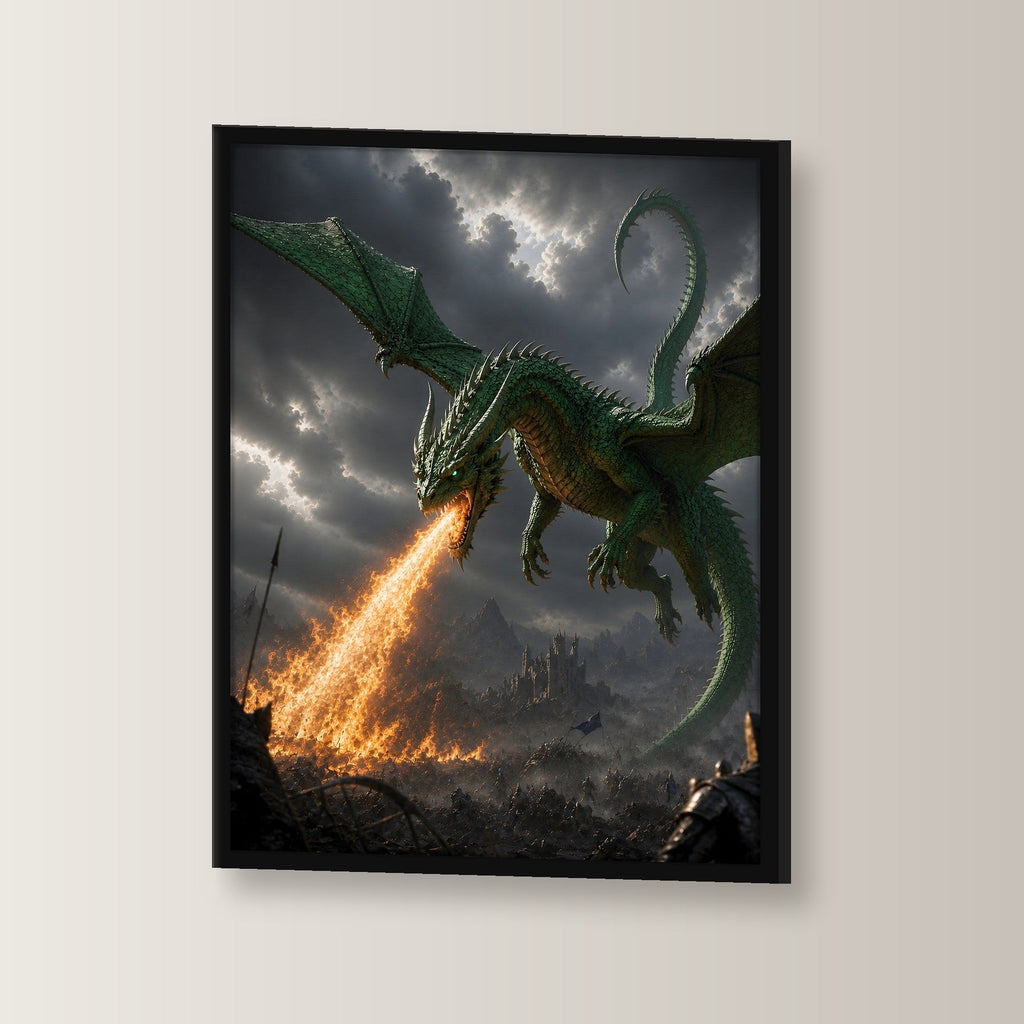 Grüner Drache über brennendem Tal, Fantasy Wandbild gerahmt im schwarzen Holzrahmen, leicht gedreht an der Wand fotografiert