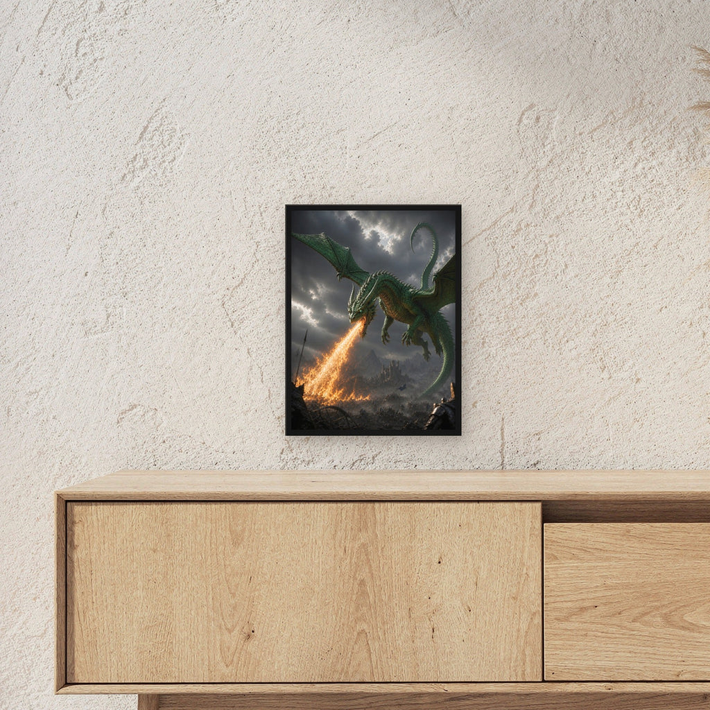 Grüner Drache über brennendem Tal, Fantasy Wandbild gerahmt im schwarzen Holzrahmen ueber einem Sideboard, zeigt die Groesse im Raum