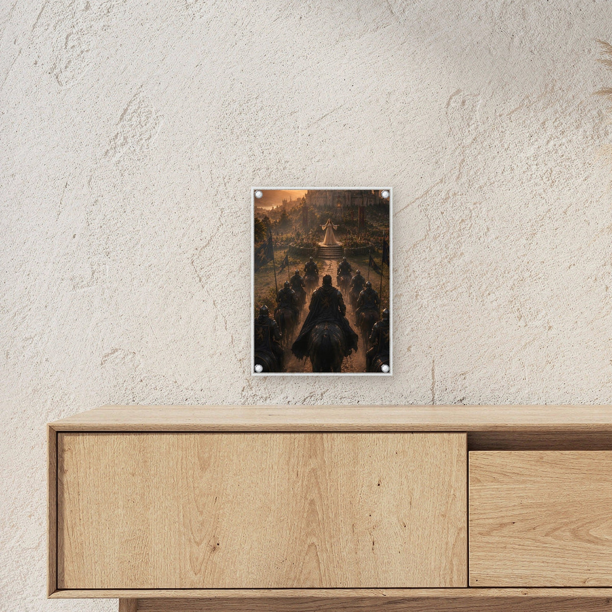 Dark-Fantasy Acrylglasbild auf Acrylglas mit Edelstahl-Abstandshaltern ueber einem Sideboard, zeigt die Groesse im Raum