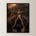 Dark-Fantasy Poster gerahmt im schwarzen Holzrahmen, gerade von vorn an heller Wand