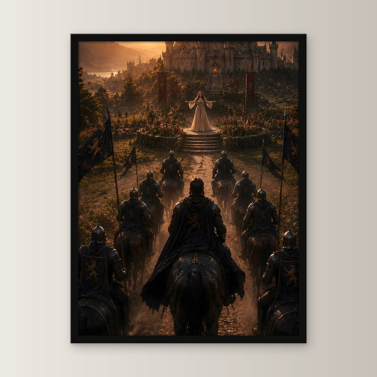 Dark-Fantasy Poster gerahmt im schwarzen Holzrahmen, gerade von vorn an heller Wand