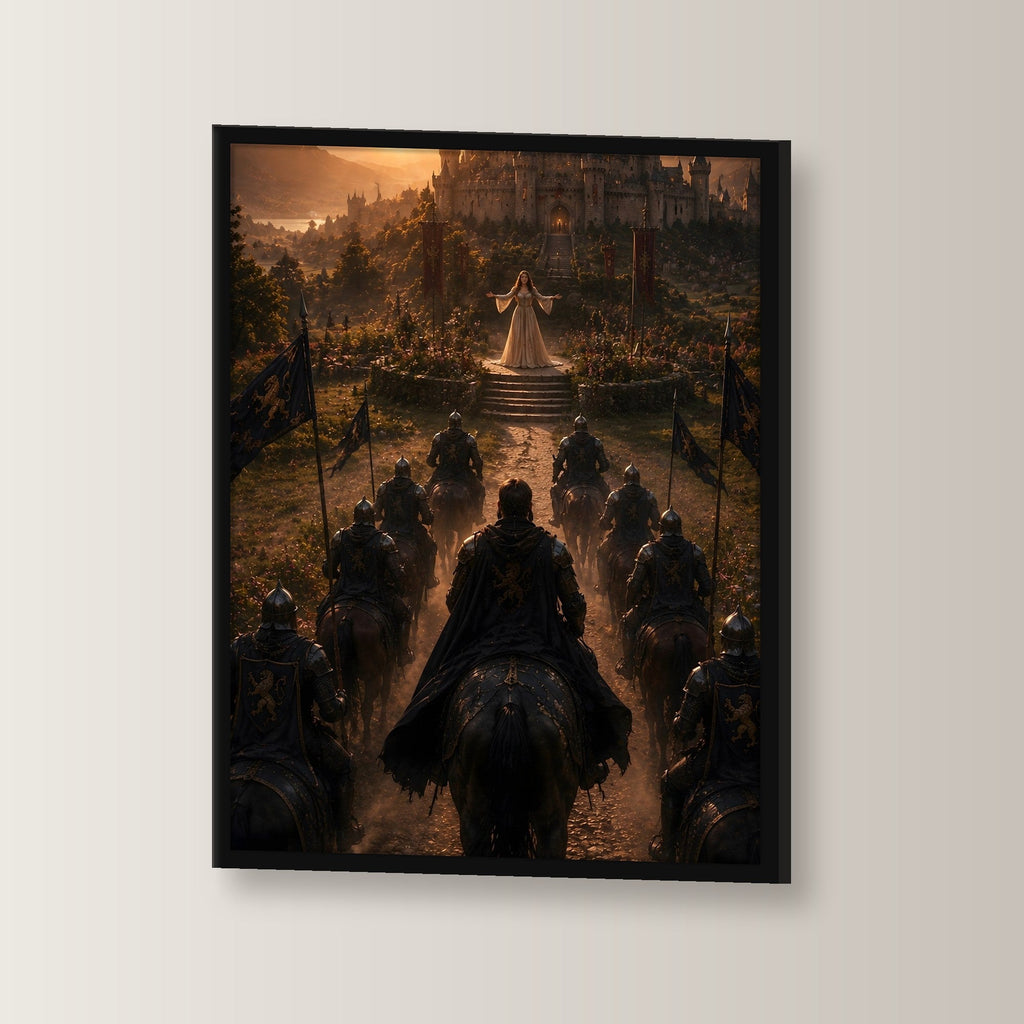 Dark-Fantasy Poster gerahmt im schwarzen Holzrahmen, leicht gedreht an der Wand fotografiert